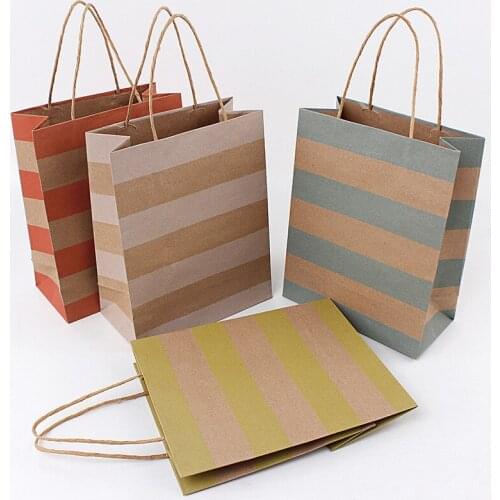12pcs Simple color striped high quality kraft paper gift bag large clothing packaging bags with handle