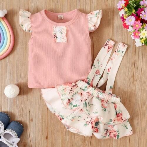 Pudcoco 2Pcs Summer Baby Girls Toddler Kids Casual Butterfly Button Pink T-Shirt Tops+Suspender Overall Leotard Clothes Set