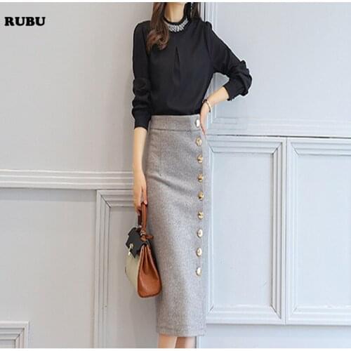 2017 2018 Woolen Autumn Winter Plus Size A Line Midi Wool Skirt with button Mujer Women High Waist Long Maxi Women Pencil Skirt