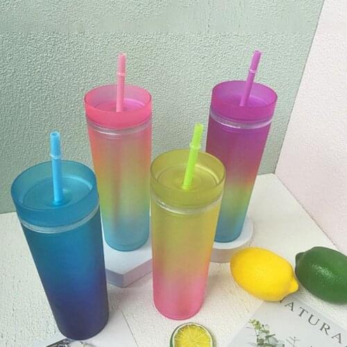 2021 New 16oz Gradient Rainbow Color Water Cup Straight SKINNY Double Layer Plastic Straw Cup Water Bottle Dropshipping