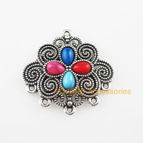 New 6Pcs Tibetan Silver Flower Colored Acrylic Charms Pendants Connectors 30x29mm