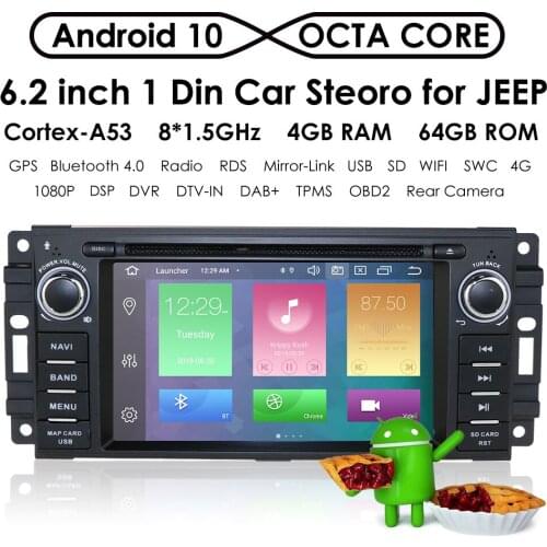 1 Din Android 10 Car DVD for Jeep Cherokee 2009 2008 2010 Wrangler Stereo for Dodge Challenger Radio for Chrysler 4G+64G Player
