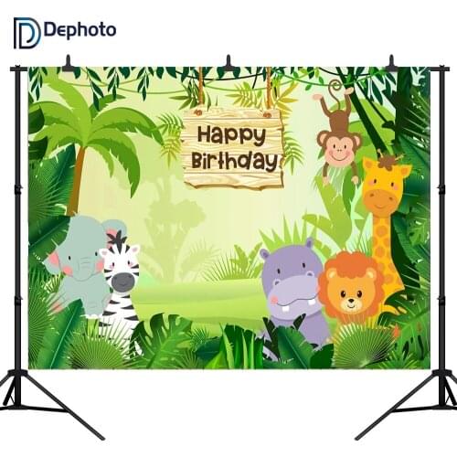 DePhoto Jungle Safari Party Photo Background Animals Forest Photography Backdrop Baby Happy Birthday Theme Banner Decoration