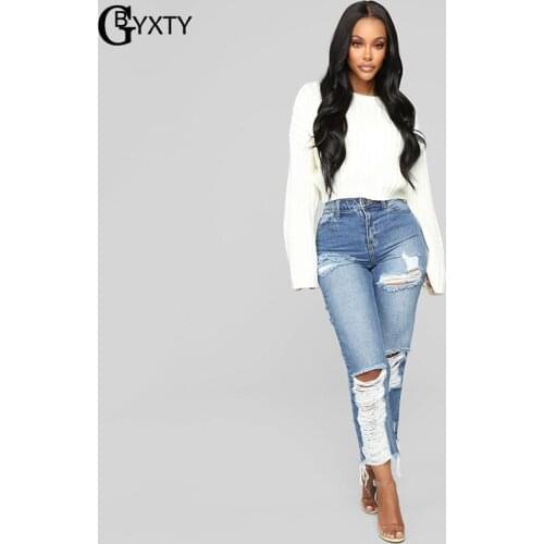 GBYXTY Sexy Distressed Straight Jeans Streetwear High Waist Ripped Holes Denim Pants Trousers 2020 Spring Summer Jeans ZL716