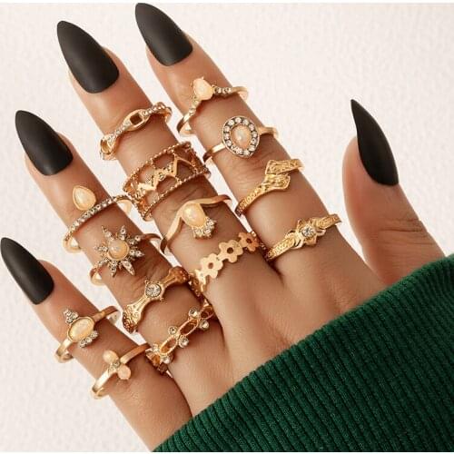 HuaTang Boho Silver Color Butterfly Crystal Rings Set for Women Carving Geometric Heart Opal Finger Knuckle Ring Jewelry Anillos