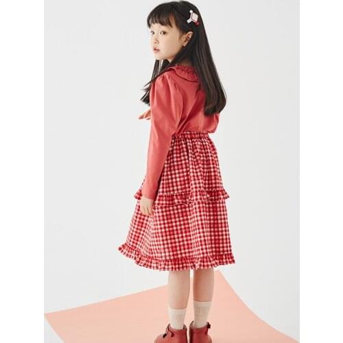 KC.Child Girls skirt red plaid skirt fresh ruffle skirt 100% cotton texture texture wrinkle cloth