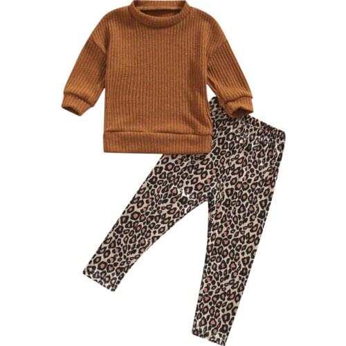 2 Pieces Kids Baby Girls Suit Set, Solid Color O-Neck Long Sleeve Ribbed Tops+ Leopard Print Trousers for Spring Fall, 1-6 Years