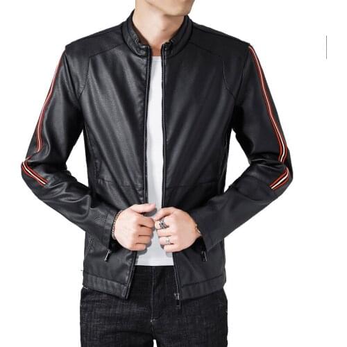 Striped PU Leather Mens Jacket Winer O-neck Windbreak Jackets For Man Casual Faux Leather Coat Homme Warm Pocket Mens Clothing