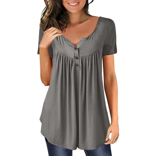 Summer Loose Tunic Blouse Womens Casual Solid Color Short Sleeve Button Pleated Tee Shirt Blouse Ladies Leisure Loose Top