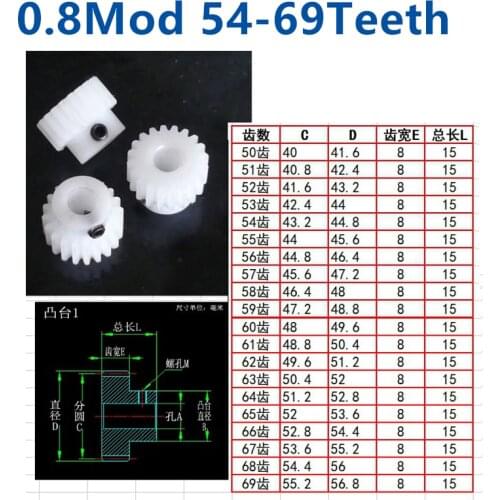 Convex step pom 0.8 mod 54t/55t/56t/57t/58t/59t/61t/62t/63t/64t/65t/66t/67t/68t/69t teeth plastic plastic nylon gear