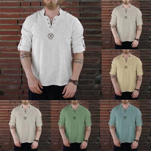 Medieval 2021 Mens Fashion Tie Led Shirt Hemp Embroidered Viking Shirt Pirate Costume Mens Nordic Shirt Top Cosplay Adult
