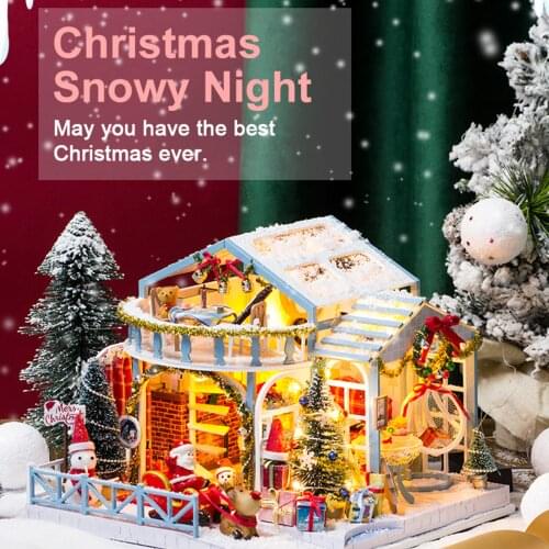 Christmas DIY Doll House Wooden Doll Houses Miniature Dollhouse Furniture Kit with LED Light Toys for Children Christmas Gift