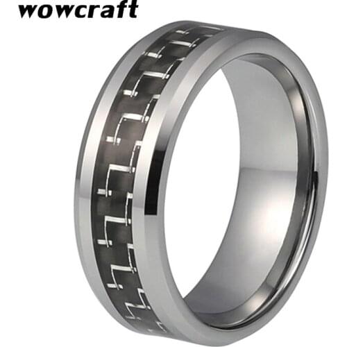 Tungsten Wedding Band for Men Women Polish Shiny with Bevel Edges Black Carbon Fiber Inlay Fashion Ring Tungsten Carbide