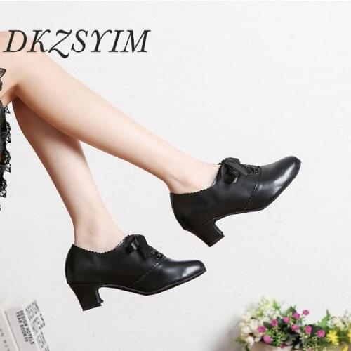DKZSYIM Lace-Up Silk Ribbon Latin Dance Shoes Women/Girls Ballroom Modern Dancing Shoes Close Toes Soft Soles PU Dance Shoes