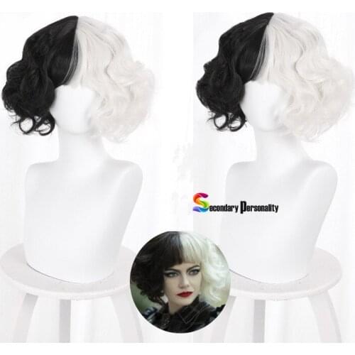 Cruella De Vil Kuila Half Black Half A Hundred Small Short Curly Cos Wig Wig Caps for Making Wigs Danganronpa