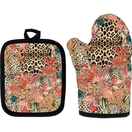 Leaves Leopard Printting Oven Mitts Kitchen Baking Antiscalding Gloves Potholder Pad Oven Microwave Insulation Mat Set of 2