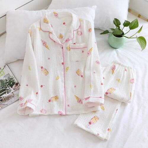 Summer Ladies Cotton Long-sleeved Trousers Pajamas Cute Japanese Ice Cream Two-piece Thin Plus Size Clothes Vendors for Women