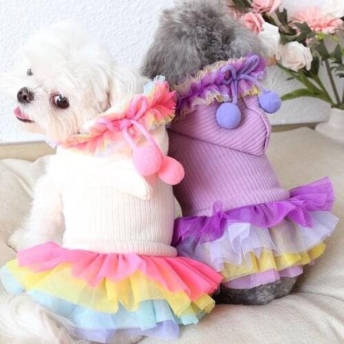 Dog Dress Rainbow Lace Cotton Pet Dog Clothes Winter Warm Dog Shirt Thick Coats Clothing For Dogs Cat Yorkie Maltese
