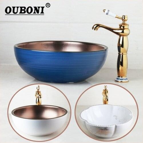 Hand Painted Art Ceramic Vessel Bathroom Sink Set Golden Plated Teapot Spout Bathroom Faucet Design Gold Basin Mixer Tap