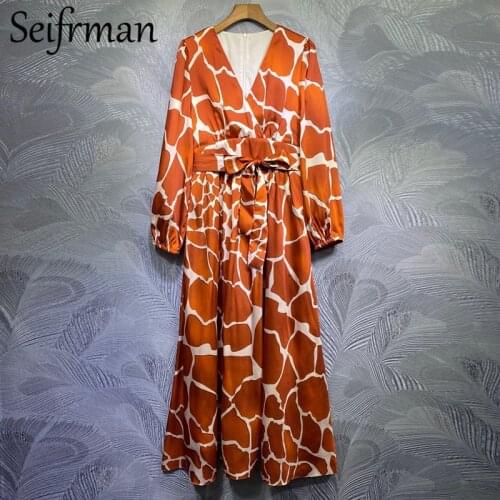 Seifrmann New 2021 Summer Women Fashion Designer Maxi Dress Lantern Sleeve Bow Sashes High Waist Printed Ladies A-Line Dresses