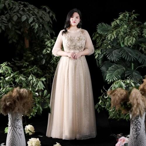 Evening Dresses Ruched O-Neck Three Quarter Sleeve Appliques Women Party Dress Floor-length Elegant Plus Size Formal Gowns D418