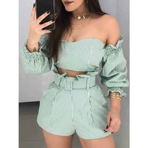 2021 new womens one-shoulder striped two-piece shorts
