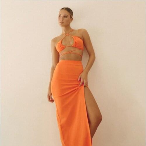 Bandage Cut Out Sexy Halter Crop Top and Skirts Set Gathered Elegant Club 2021 Summer Outfits Split Two Piece Sets