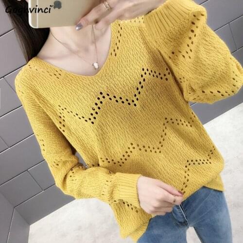 Sweater Women Hollow Out V-neck Top Trendy Chic Ulzzang Knitting Pullovers All-match Breathable Ladies Loose Elegant Sexy Travel
