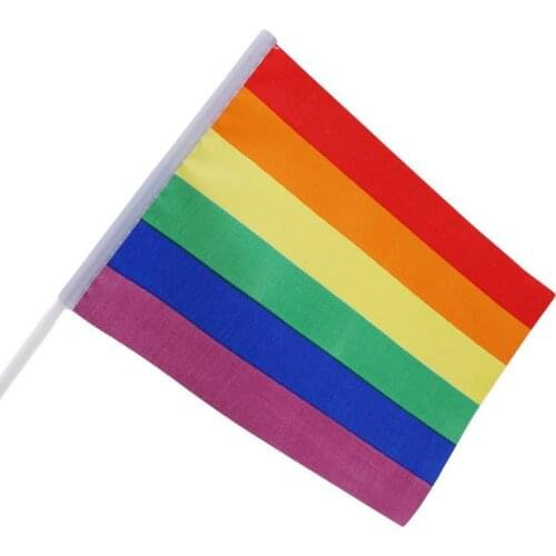 14x20cm Rectangle Cross Stripes Rainbow Gay Pride Stick Flag Lesbian Hand Held Waving Small Flag Parade Party Supplies Y5JC