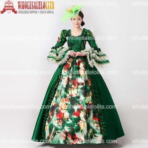 2017 Royal Green Floral Printed Marie Antoinette Dress Medieval Civil War Southern Belle Ball Gowns Women Reenactment Clothing