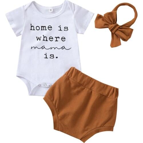 New 3Pcs Baby Tracksuits, Letter Print O-Neck Short Sleeves Romper + Elastic Pantie + Headband for Toddler Girls, 0-18 Months