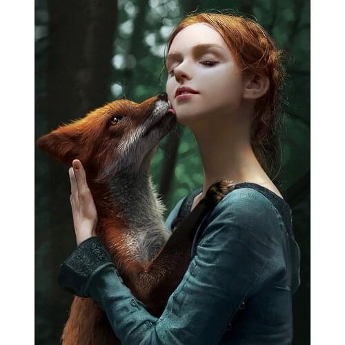 5D DIY Girl and Animal Fox Diamond Painting Full Drill Embroidery Cross Stitch Mosaic Needlework Craft Kit Home Decor Gift