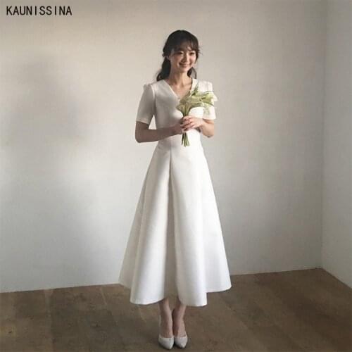 Satin Wedding Dresses Short Sleeve A-line V neck Bridal Dress Engagement Banquet Formal Party Vestidos Simple White Wedding Gown
