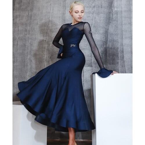 Ballroom skirt Tango body leotarad waltz Fox trot Quick step Dance Dress Practice long sleeve navy blue 623