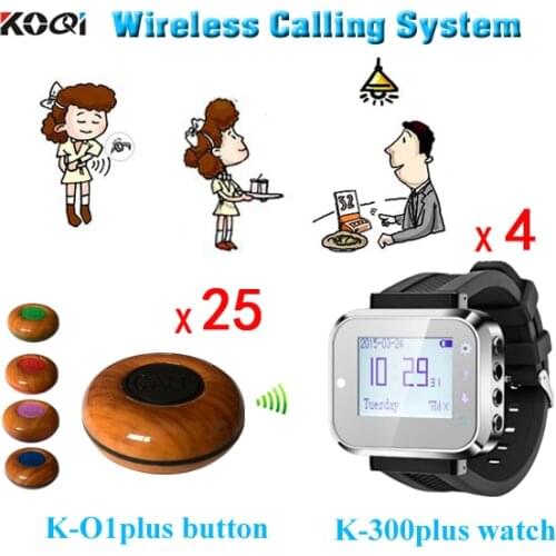 Wireless Visual Paging System 4pcs Watch+25pcs Restaurant Call Button Table Service Bell Free Shipping