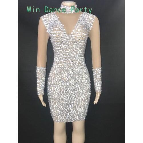 Big Rhinestones Nude Transparent Short Dress Women Prom Birthday Celebration Crystals Stones Outfit Stage Singer Host Mesh Dress