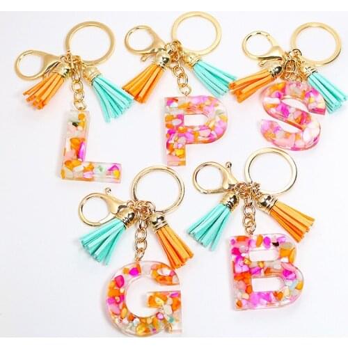 Flower Letter Pendant Keychains Tassel Resin Acrylic Glitter Keyring Car Key Holder For Men Women A-Z Letters Keychain Accessor
