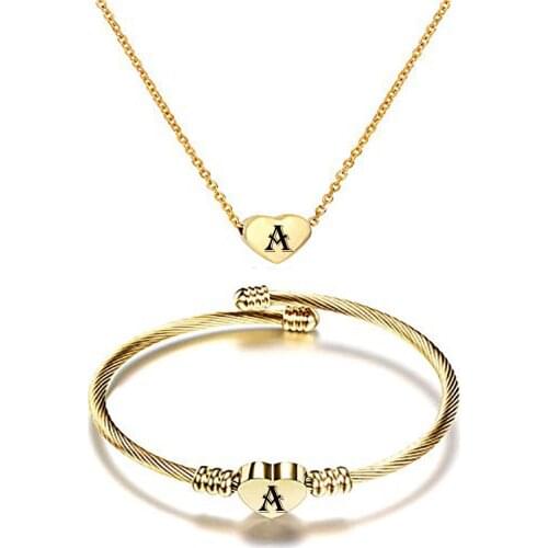 New Europe Stainless Steel 26 Letters Gold Necklace Bracelet Set Titanium Steel Personalized Fashion Heart Pendant for women