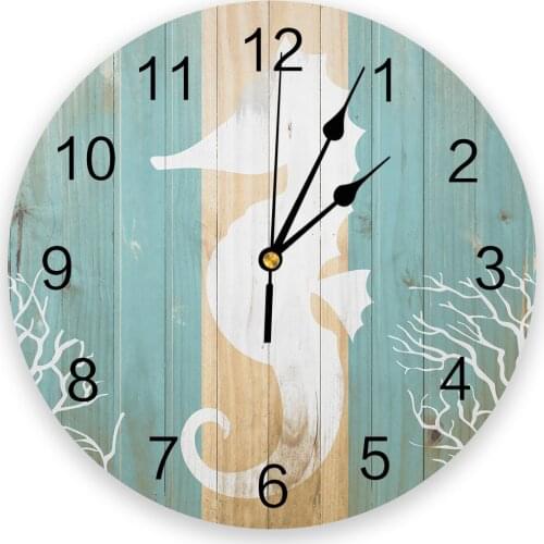 Marine Life Pattern Wooden Sea Horse Silhouette New Wall Clock Fashion Living Room Watch Modern Home Decoration Round Clocks