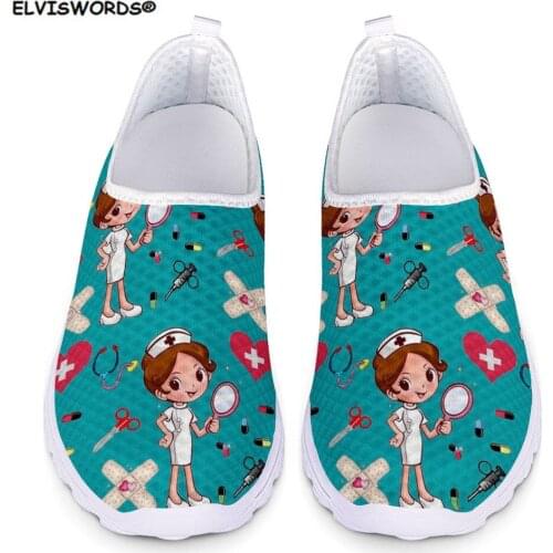 ELVISWORDS Cute Cartoon Nurse Pattern Ladies Breathable Flats Shoes Summer Women Air Mesh Snaekers Femals Footwear for Girls