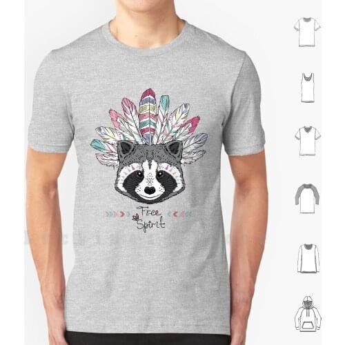 Raccoon Aztec Style T Shirt DIY Cotton Big Size S-6xl Animal Vector Raccoon Feather American Cool Aztec Tribal Line Head