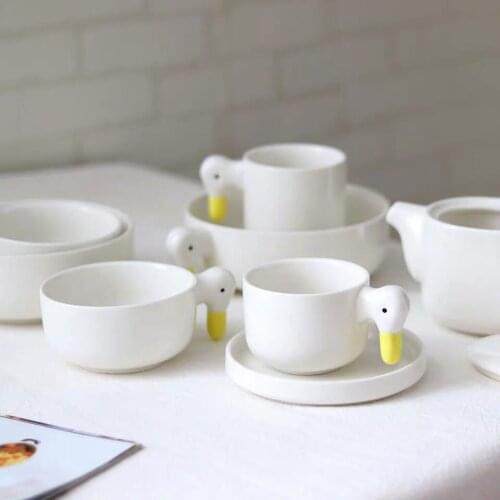 White Duck Ceramic Plates Tableware Hand Made Duckling Tableware Teapot Coffee Mug Dessert Dishes Set