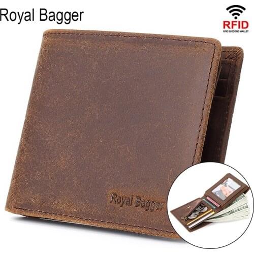 Royal Bagger Mens Short Wallet RFID Blocking Real Genuine Crazy Horse Leather Free Engrave Purse Card Holder Retro Man Wallets