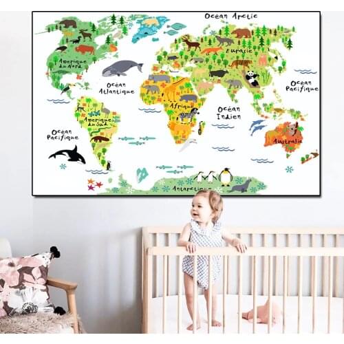 Colorful Cartoon Animals World Map Canvas Painting Waterproof Wall Art For Kids Rooms Nursery Office Home Decorations Unframed