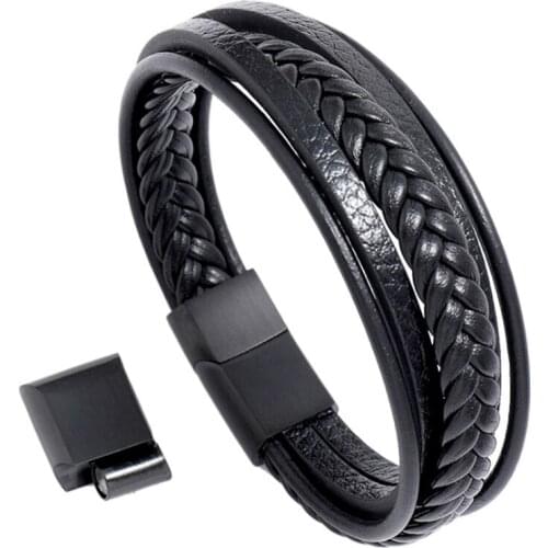 Hot Sale Woven Bracelets Stainless Steel Magnetic Snap Mens Cattle Leather Bracelet Multi-Layer Leather Rope Bracelet Gifts