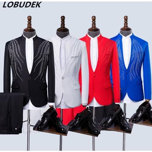 Adult Male Choral Dress 4 Colors Rhinestones Mens Suits Crystals Blazers Jacket Magician Prom Host Wedding Chorus Stage Outfit
