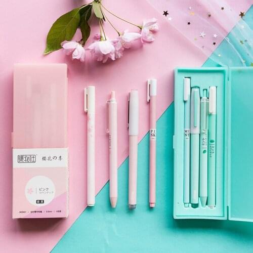 Macaroon Color Pink Mint Sakura Gel Pen Set With Pencil Box The Office Pens 0.5mm Black Ink Cute School Girls Gift Stationery