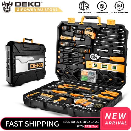 DEKO Household Tool Set General Hand Tool Kit with Plastic Tool box Storage Case Combination Hammer Socket Wrench Screwdriver