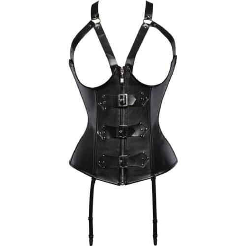 New Steampunk PU Leather Sexy Overbust Corset Women Black Waist Cincher Exotic Halter Bustier Top Body Shaper Gothic Clothes
