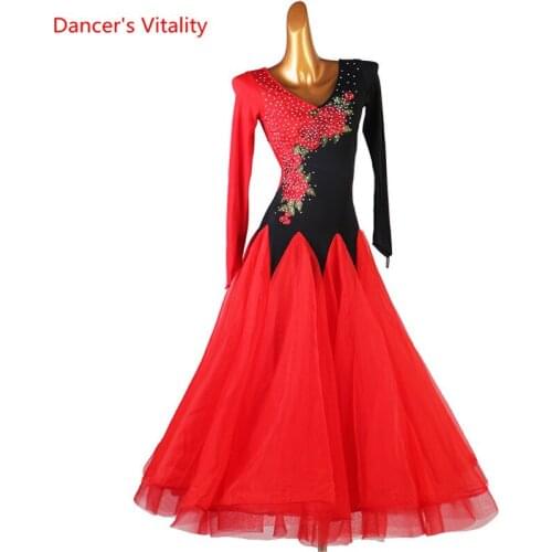Ballroom Dance Dress Long Sleeves AB stones Big Swing Skirt Long Sleeves Profession Custom Child Woman Performance Clothing